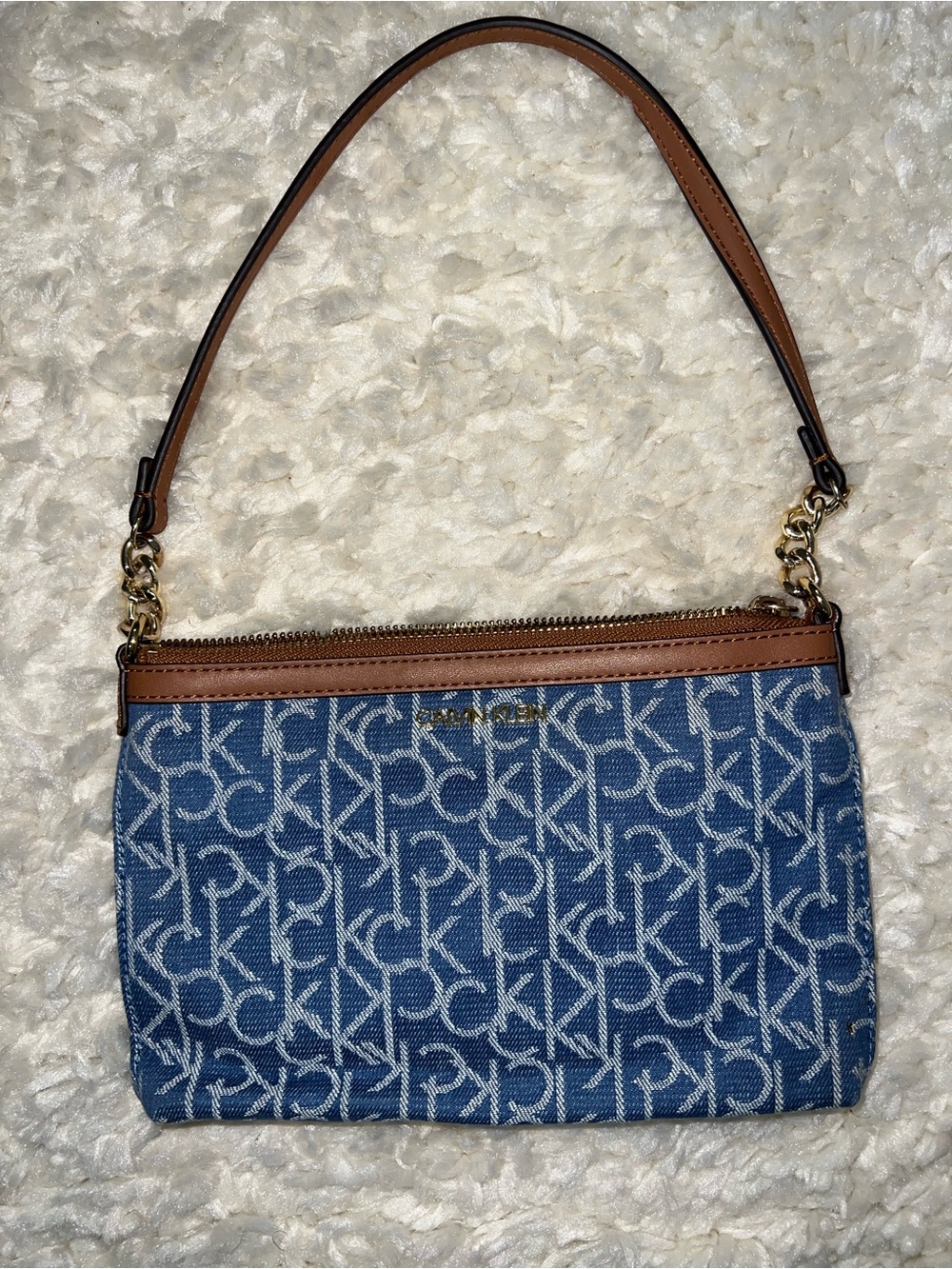 Calvin Klein Blue Logo Jacquard Shoulder Pouch with Brown Trim